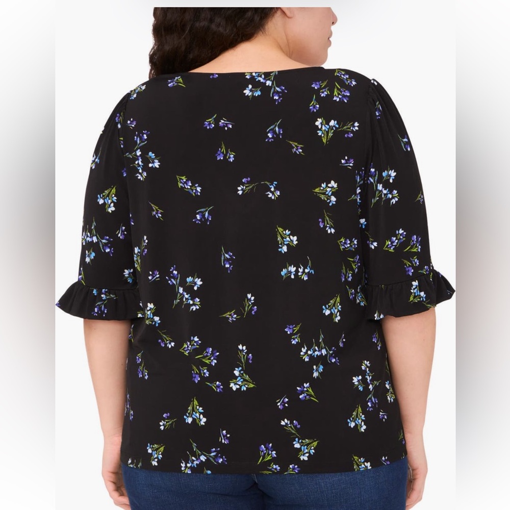CeCe Black Blue Floral Ruffle Cuff Top Blouse Size 1X - Picture 2 of 9